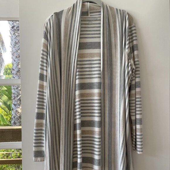 Soft Surroundings Sweaters - Soft Surroundings Open Front Cardigan in‎ Gray, Tan, White Stripes, Size Medium